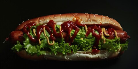 Poster - Frankfurter topped with greens, mustard, and tomato sauce.