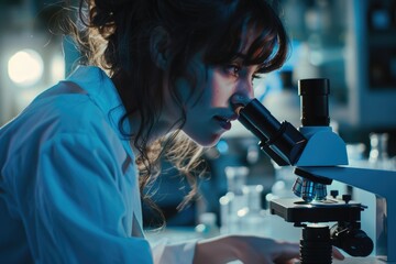 Poster - Close-up of a woman using a microscope, focused on a tiny sample