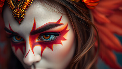 woman's phoenix costumethemed halloween eye makeup with contact lenses. generative ai