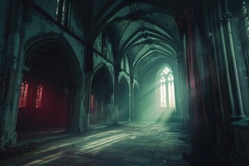 Poster - A dimly lit cathedral with a warm glow emanating from the windows