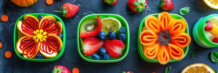 Sticker - Whimsical flower-shaped sandwiches in a nutritious lunch box for children, featuring fruits, vegetables, and juice, with selective focus.