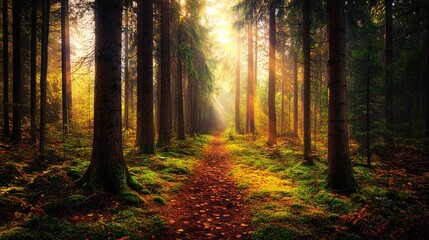 forest landscape, dense pine forest with towering trees, sunlight filtering through the canopy creating dappled light on the forest floor, soft moss covering the ground, a narrow path winding through