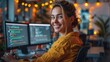 © BonzEarthsnapper - Capture the moment of a lovely, excited woman software developer seated in a comfortable armchair at her indoor workstation, vibrant and lively setting, glad expression