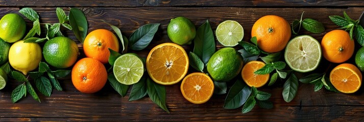 Poster - Citrus fruits, including oranges and limes, accompanied by fresh mint leaves on a weathered wooden table