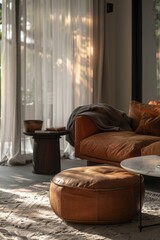 Poster - A warm and inviting living room with comfortable furniture and natural light pouring in through the large window