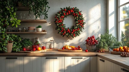 Wall Mural - A chic modern kitchen decorated with Christmas decorations. Crisp white cabinets are complemented by a colorful wreath on the wall. A festive table setting in red and green adds charm, while sunlight 