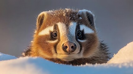 A charming badger peeks through the snowy landscape, showcasing its adorable features in a serene winter setting.