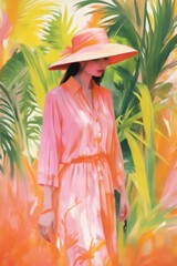 Abstract painting woman wearing pink dress large hat A Tropical