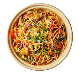 Wok noodles in a round disposable bowl isolated on transparent background