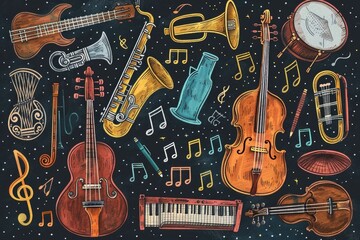 Aufkleber - A collection of musical instruments on a dark background, ideal for music-themed projects