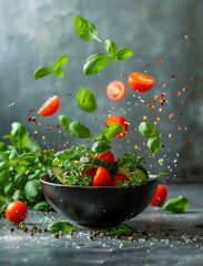 Floating Spanish Vegetables in Dark Food Photography, Close Up View