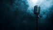 © Termux - A vintage microphone stands alone on a stage with blue smoke.