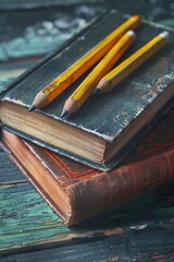 Aufkleber - A stack of books with pencils on top, ideal for illustrations about learning and education