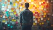 © Phiranchaya Thatham - A man stands in front of a wall covered in colorful sticky notes.  The man is contemplating the notes, perhaps brainstorming or planning a project.