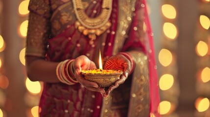 Poster - A woman holds a few lit diyas, traditional Indian oil lamps