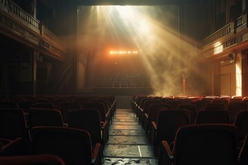 Poster - A dimly lit theater with red chairs and a spotlight on the ceiling