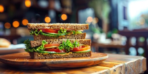 Nutritious club sandwich made with brown bread, placed on a wooden surface, featuring a selective focus and a softly blurred backdrop.