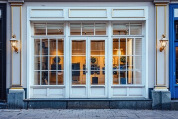 Poster - A storefront with a blue door and windows, perfect for commercial or residential use