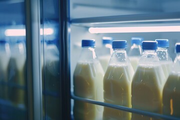 Poster - A refrigerator filled with multiple bottles of milk, great for everyday use or a commercial setting