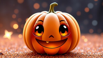 Wall Mural - Cute cartoon pumpkin with expressive eyes on a starry night background