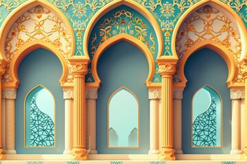 Poster - A city hall building with arches and a clock, suitable for use in illustrations of government, architecture, or urban scenes