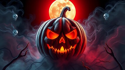 Wall Mural - Spooky jack-o'-lantern glowing against a full moon on Halloween night