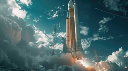 Poster - A space shuttle lifting off from the launchpad, leaving behind a trail of smoke and flames