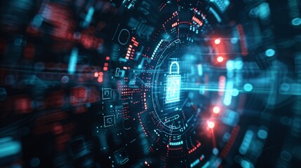Poster - Cyber Security Concept   Digital Lock Icon with Red and Blue Bokeh