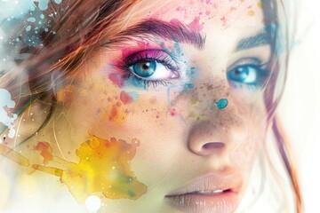 Sticker - Close-up shot of a woman's face with vibrant, colorful makeup