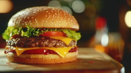 Sticker - Freshly made cheeseburger with lettuce, tomato, and melted cheese on a toasted bun