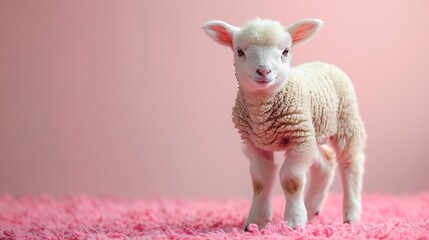 Wall Mural - Adorable lamb on a soft pink background