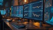 © Jakkapat - Trading Desks Multiple monitors displaying complex financial data and stock charts, arranged in a grid on a trading desk Bright, sharp lighting, focus on the screen details