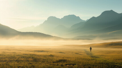 Wall Mural - Man in the field, the morning fog spreads across the ground, mountains on background