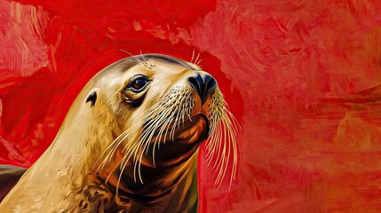 Canvas Print - Artistic Seal Portrait Against Red Background