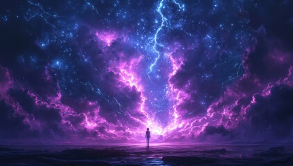 Canvas Print - A solitary figure standing before a majestic night sky illuminated by a dazzling light show of lightning and stars.