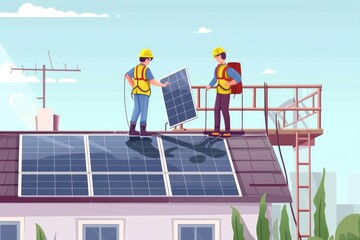 Wall Mural - Two men install solar panels on a roof