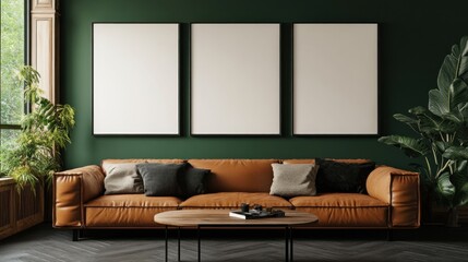 Sticker - Modern Living Room Interior with Green Wall, Leather Sofa, and Three Mockup Posters