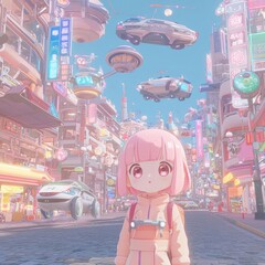 Canvas Print - Anime Girl in Futuristic Cityscape with Flying Cars and Neon Signs