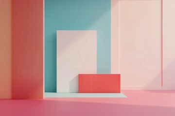 Poster - Cozy living space with pink and blue walls, featuring a bright red storage box