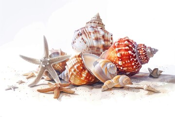 A collection of seashells and starfish arranged on a sandy beach, perfect for decoration or illustration