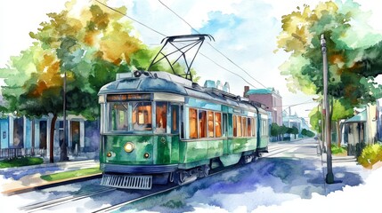 Watercolor Illustration of a Vintage Tram in a City Street