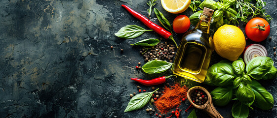 Ingredients of seasoning food in dark background  copy space, space for text 