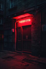 Aufkleber - A bright red neon sign is displayed prominently on the side of a building, visible at night