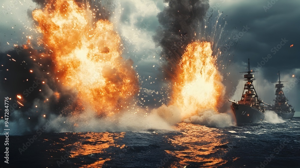 Dramatic Frigate Launching Depth Charges with Explosive Splashes in the ...