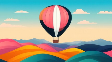 Wall Mural - A cartoon of a groovy hot air balloon floating over a colorful landscape, groovy, cartoon, hot air balloon