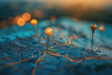 Fototapete - A close-up view of a map with various pins marking locations, suitable for use in presentations or documents about travel, planning, or navigation
