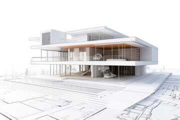 Poster - A simple illustration of a house design on a blueprints background
