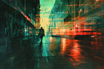 Wall Mural - A person walking alone on a city street at night