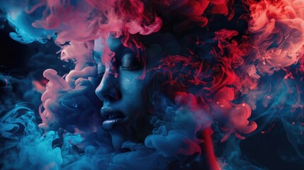 Poster - A woman with vibrant red and blue smoke swirling through her hair, creating a surreal atmosphere