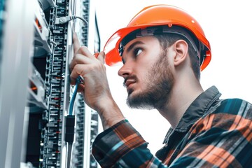 Poster - A man in a hard hat works on an electrical panel, focused on the task